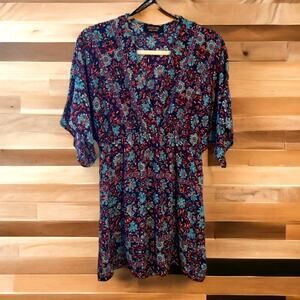 Renee C Boho Floral Mini Dress Blue Red Print Women’s Size Small Tunic Style